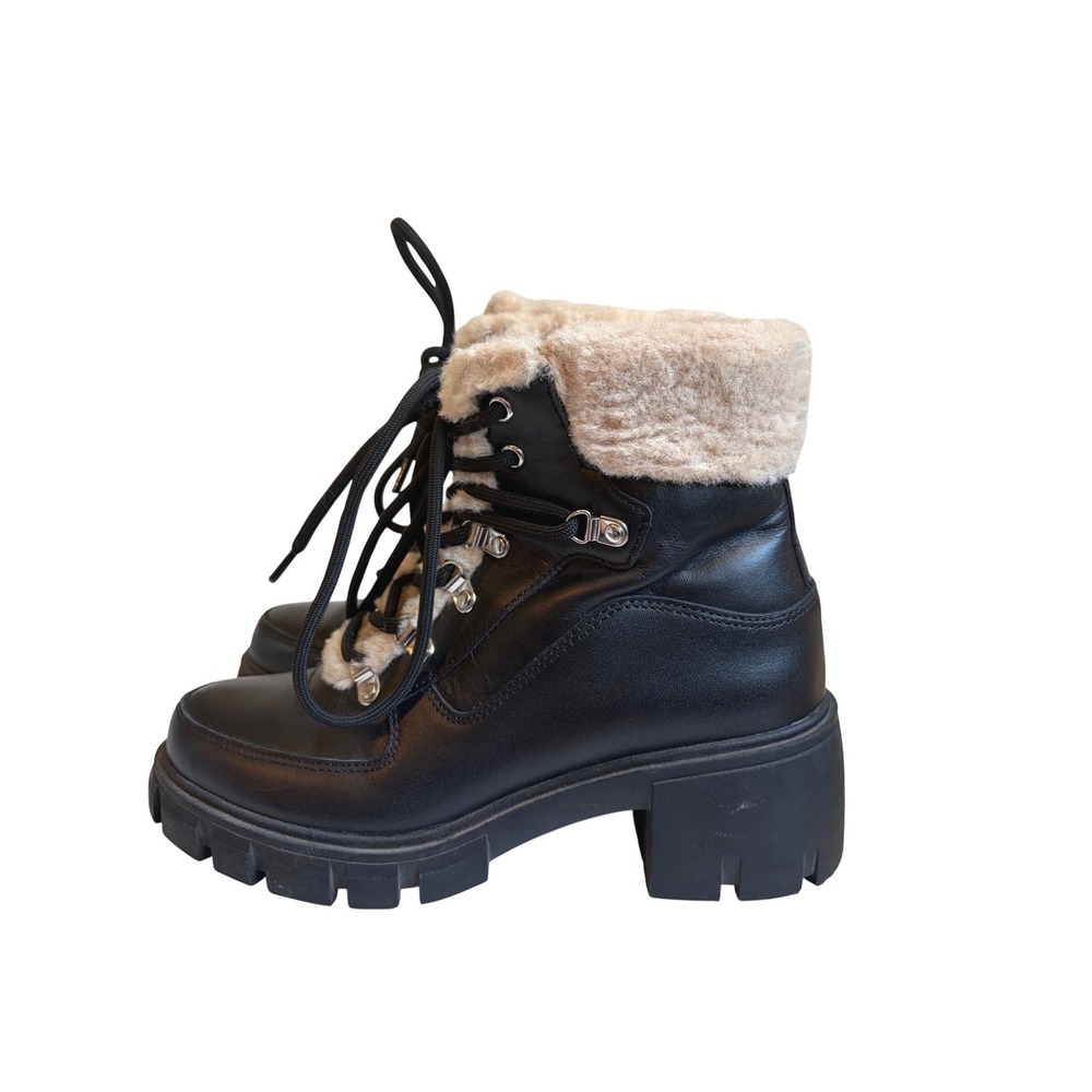 Steven New York Henlie Black Leather Faux Fur Combat Boots 7M HENL01D1